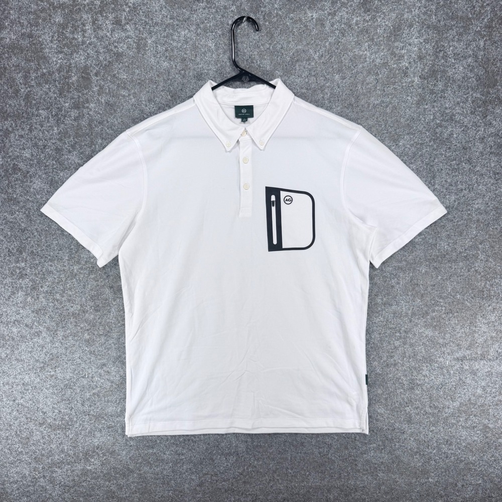 AG Green Label Mens L White Polo Shirt Button Down Collar Graphic Pocket Golf